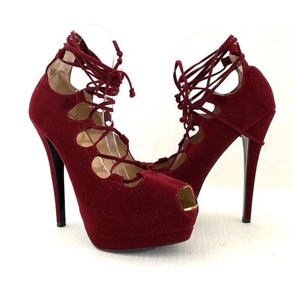 Colin Stuart Lace Up Platform Suede Heels Burgundy - Picture 10 of 15